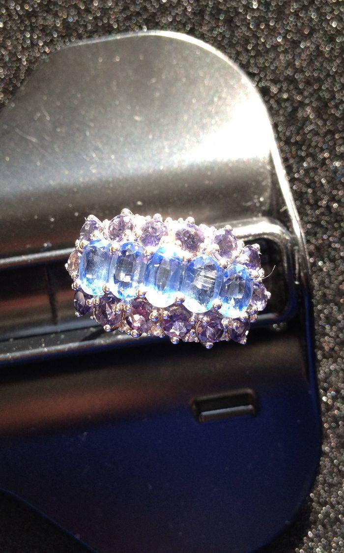 G1504 天然坦桑石+紫晶老银戒指_G1504 