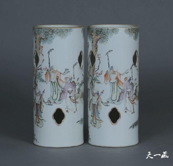 清同治 浅绛彩香山九老帽筒一对_清同治 浅绛