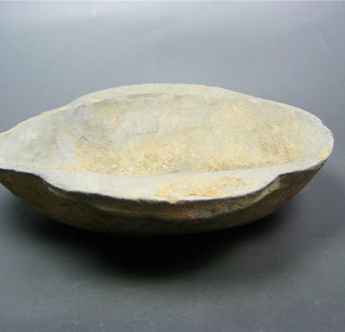 生坑出土 汉代灰陶带土沁双耳大耳杯(品相完整