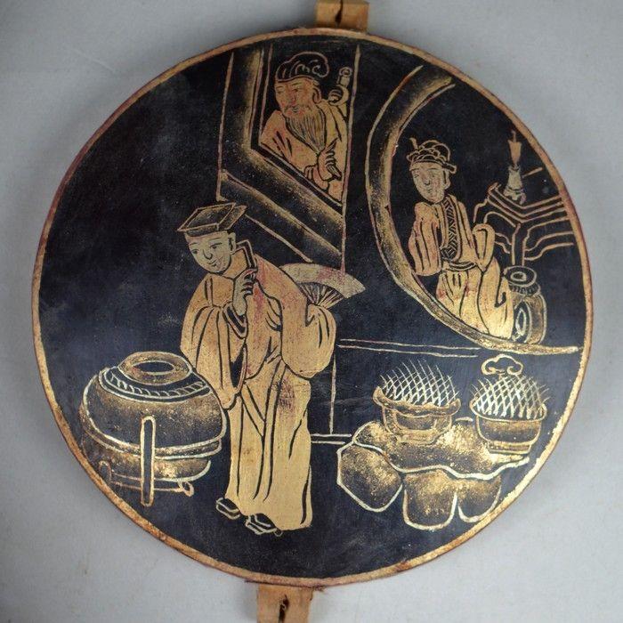 民国早期历史故事图黑漆描金床楣圆板一套_民