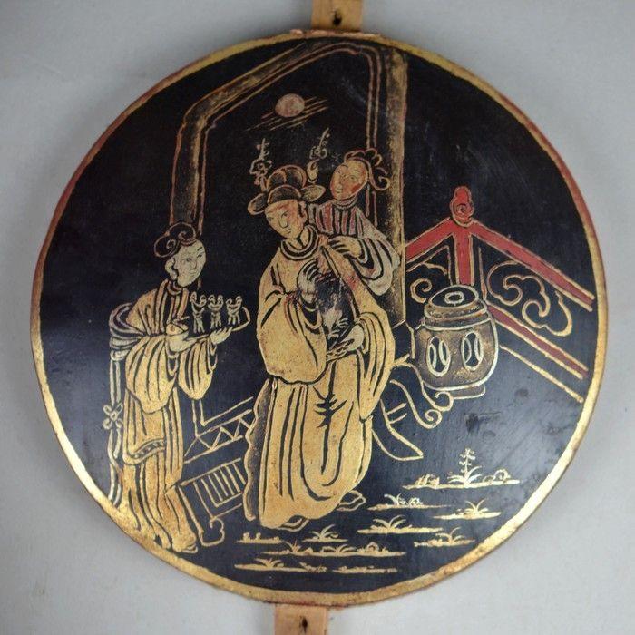 民国早期历史故事图黑漆描金床楣圆板一套_民