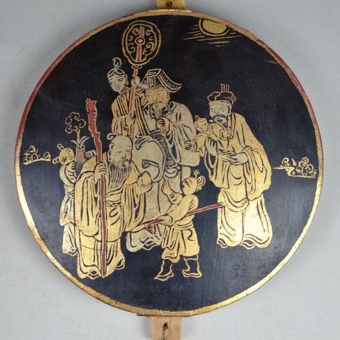 民国早期历史故事图黑漆描金床楣圆板一套_民