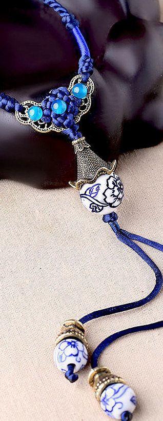 A级<em>蓝</em>玛瑙配青花瓷<em>手工</em>波西米亚风挂件<em>毛衣链</em>