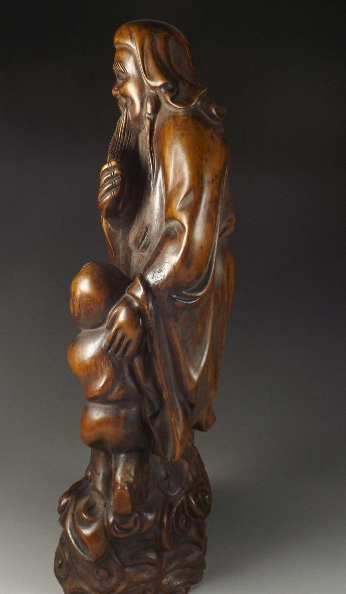 清代晚期.圆雕仙人童子黄杨木大立像摆件_清代
