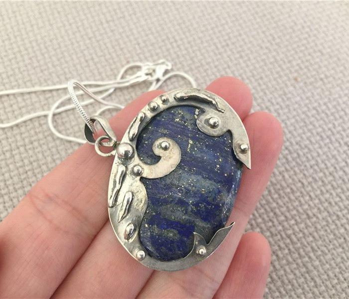 手工制作 925银嵌天然青金石项坠18.31克\/送银