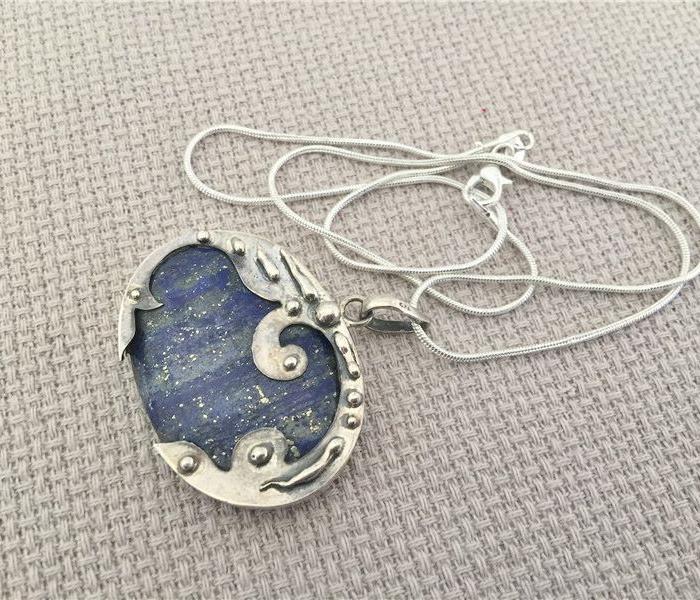 手工制作 925银嵌天然青金石项坠18.31克\/送银