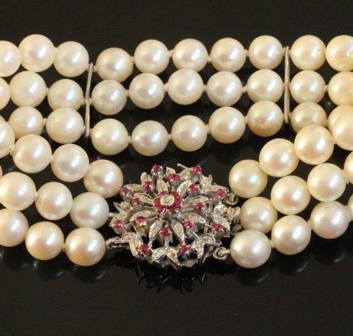 欧洲高级珠宝 珍珠手链23颗红宝石18K金大手