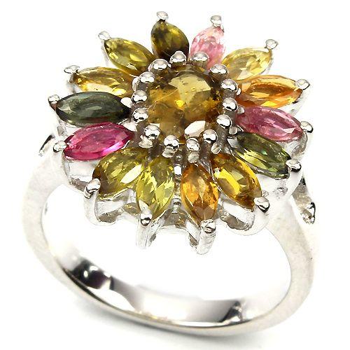 欧洲彩宝新品:纯天然多色碧玺镶嵌925纯银戒指