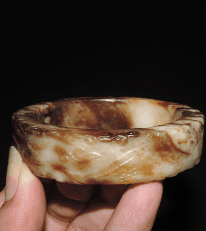 和田玉 战汉 古玉水银沁 卷云纹 龙凤玉镯 包老