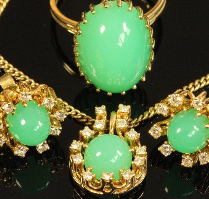 西洋老首饰 豪华天然澳洲绿玉髓钻石套饰4件1