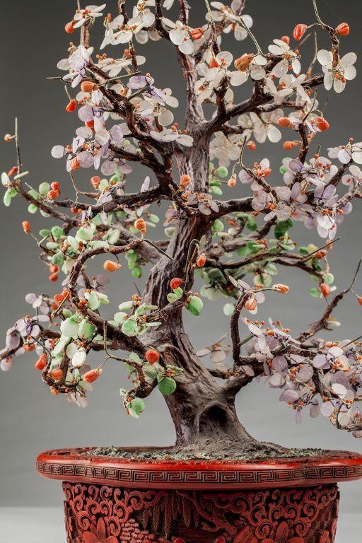 海外回流 玉石宝石树雕漆花盆盆景