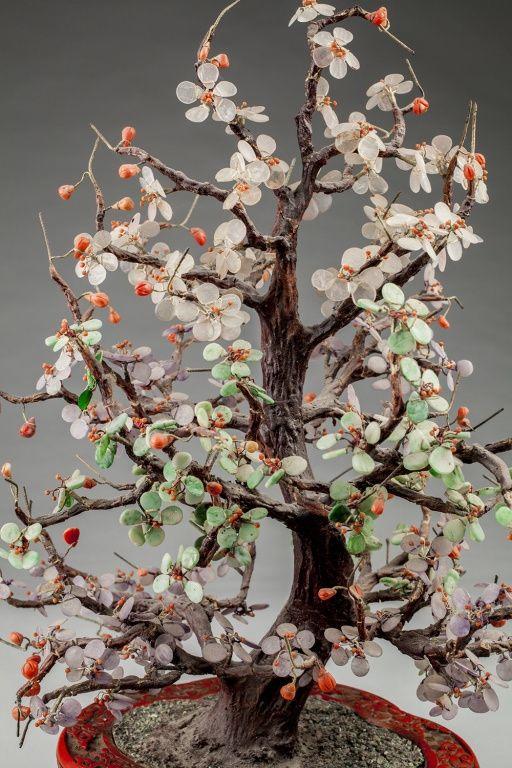 海外回流 玉石宝石树雕漆花盆盆景