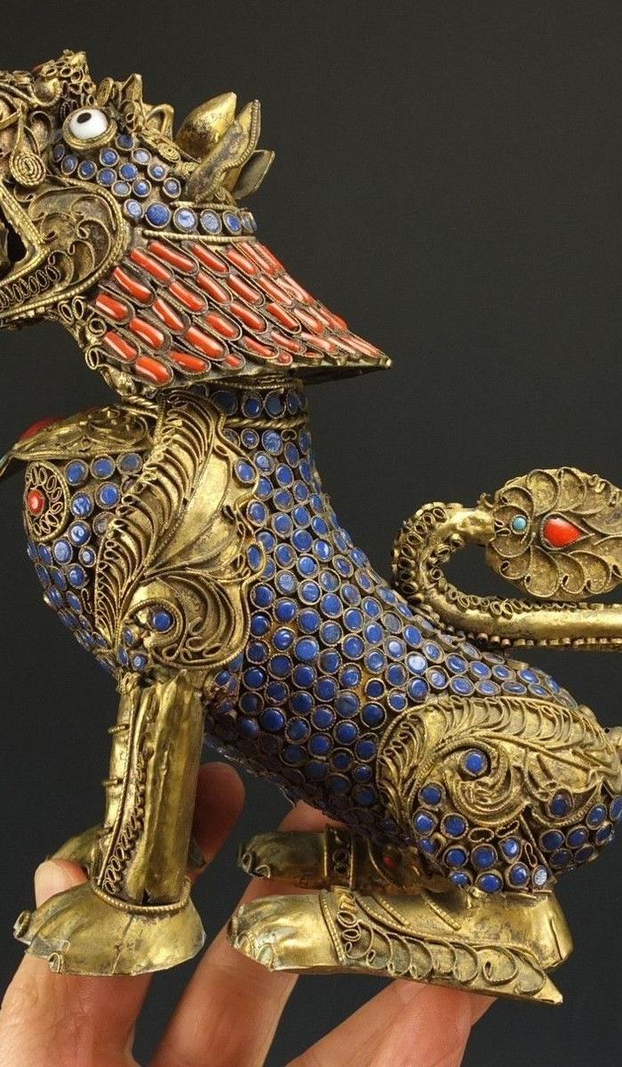 晚清鎏金百宝嵌瑞兽 摆件 三件包国际邮费