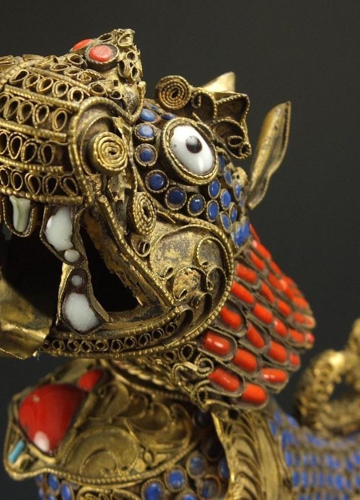 晚清鎏金百宝嵌瑞兽 摆件 三件包国际邮费