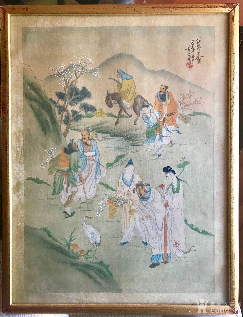 晚清民国绢本彩绘八仙聚会全图,有款