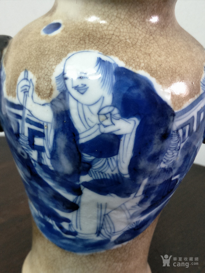华夏古玩城 瓷器 明清 > 清代哥釉青花人物双兽耳梅瓶