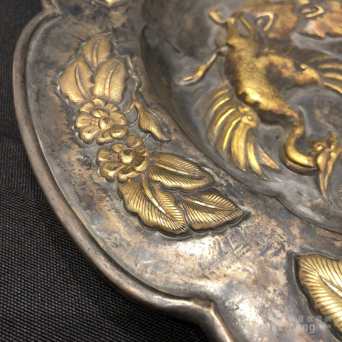 明清时期银鎏金龙凤花纹赏盘老物件老摆件老银器老银盘子古董老货