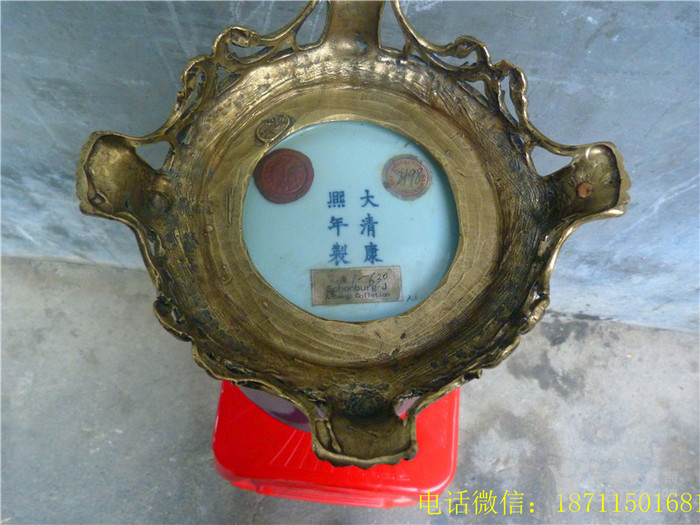 清代 桃花红釉镶铜回流瓶