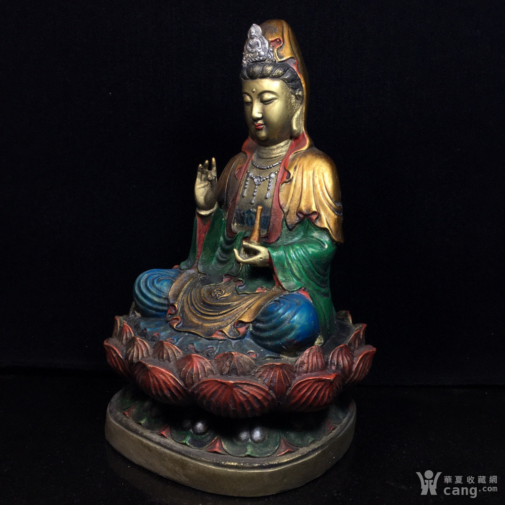 纯铜彩绘莲花座观音佛像摆件