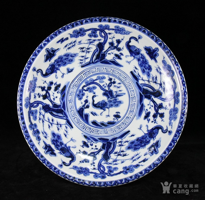 明代宣德青花缠枝莲孔雀纹高脚果盘 31x36.5cm