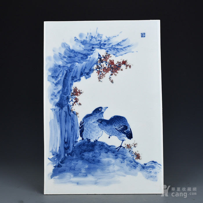 竹溪道人王步青花釉里红花鸟瓷板