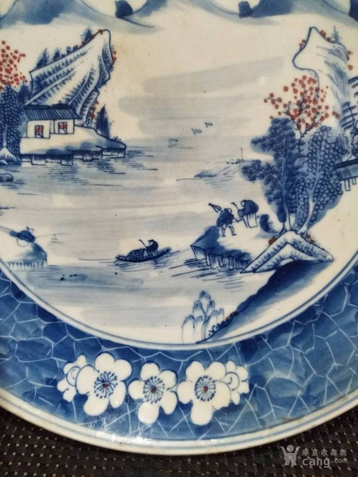 大清康熙年制,手绘青花釉里红山水盘子