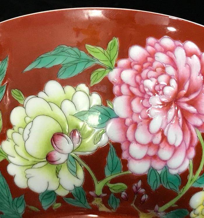 清康熙珐琅彩枣红釉牡丹纹碗7 15.