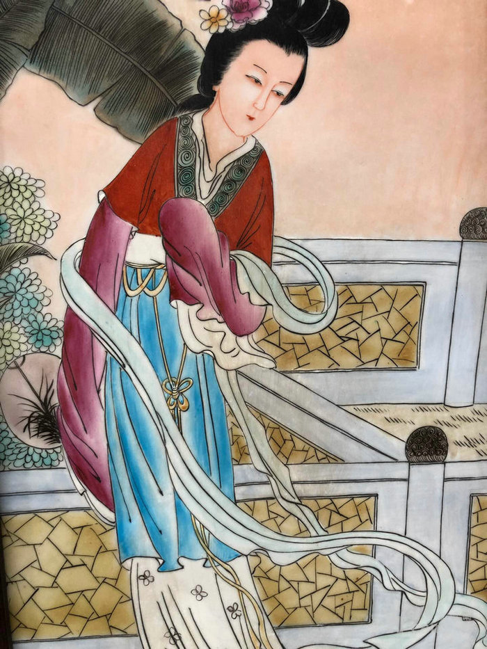 王大凡红木镶嵌西厢记人物纹四条屏瓷板画