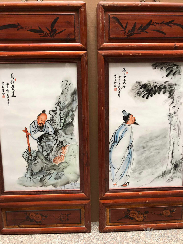 王大凡作品杉木镶嵌墨彩四爱图人物纹四条屏瓷板画