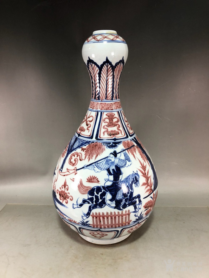 元代白浒孤窑青花釉里红人物故事蒜头瓶-瓷器-好美联