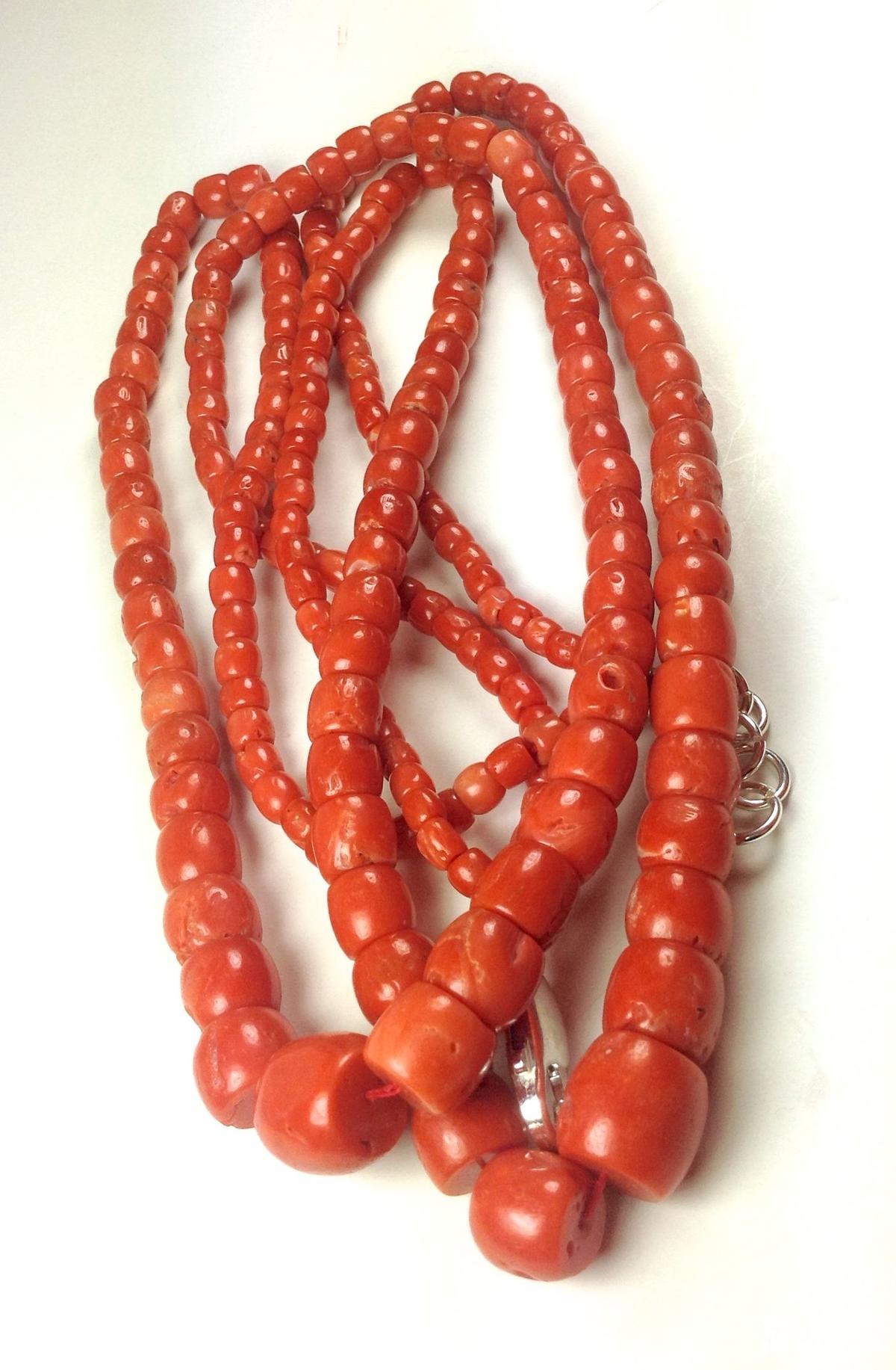 天然红珊瑚桶珠2条项链