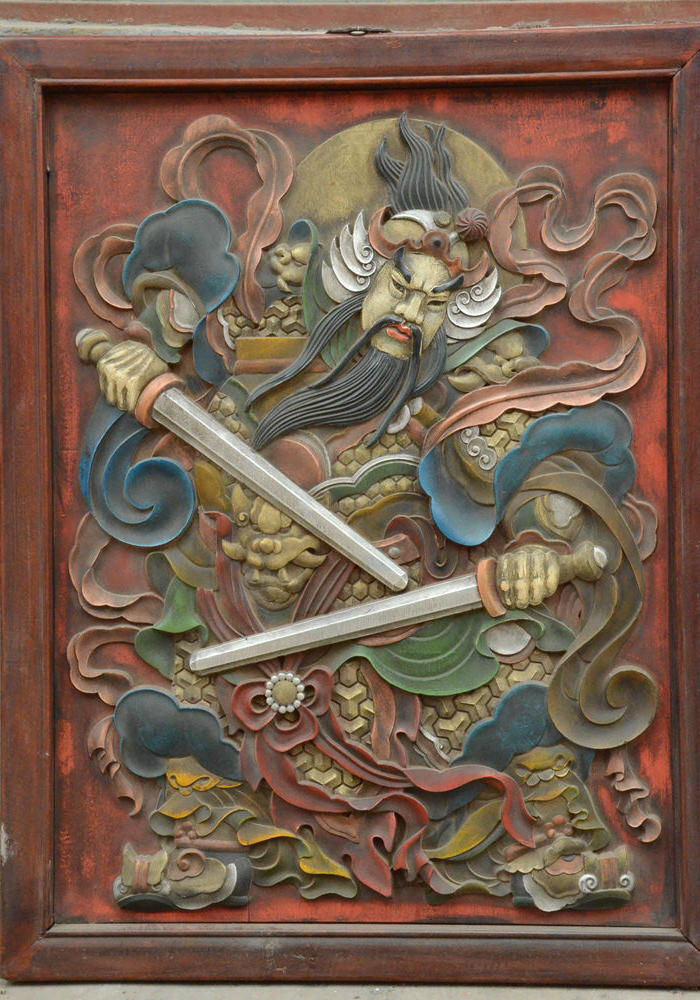 清 彩绘木雕门神 挂屏