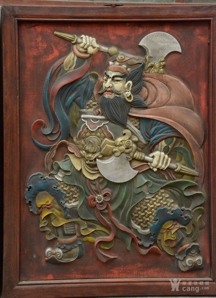 清 彩绘木雕门神 挂屏