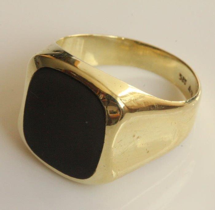 欧洲男士老首饰 黑缟玛瑙银14k金绅士方形戒指8.7g 特价
