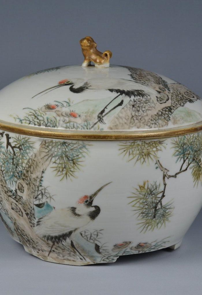 浅绛名家周子善绘仙鹤纹粥罐三件套