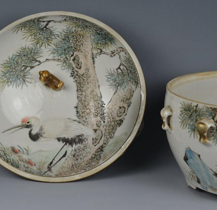 浅绛名家周子善绘仙鹤纹粥罐三件套