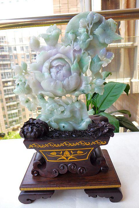 翡翠a货春带彩精雕花鸟摆件