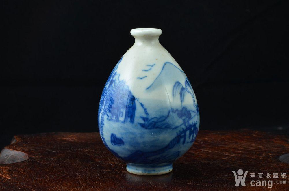 清代康熙树叶款青花山水通景鼻烟壶