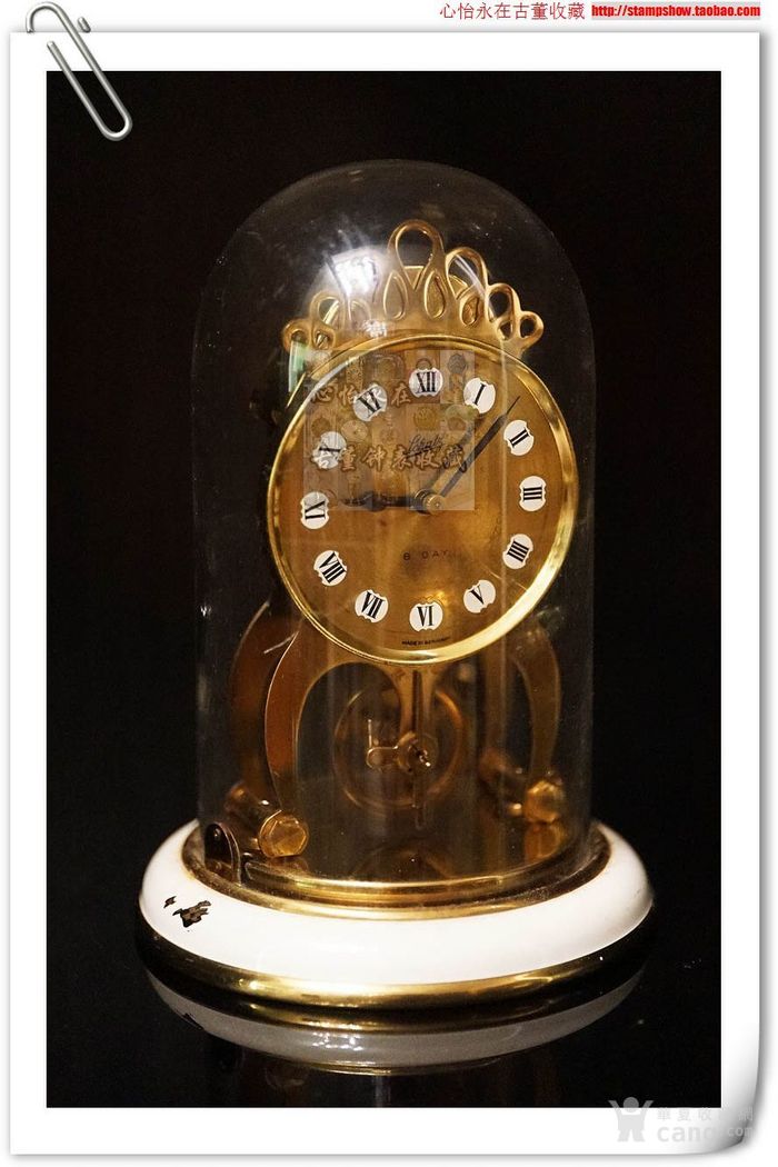 德国古董钟表沙茨8天铜机械钟/透视摆轮/西洋壁炉座钟