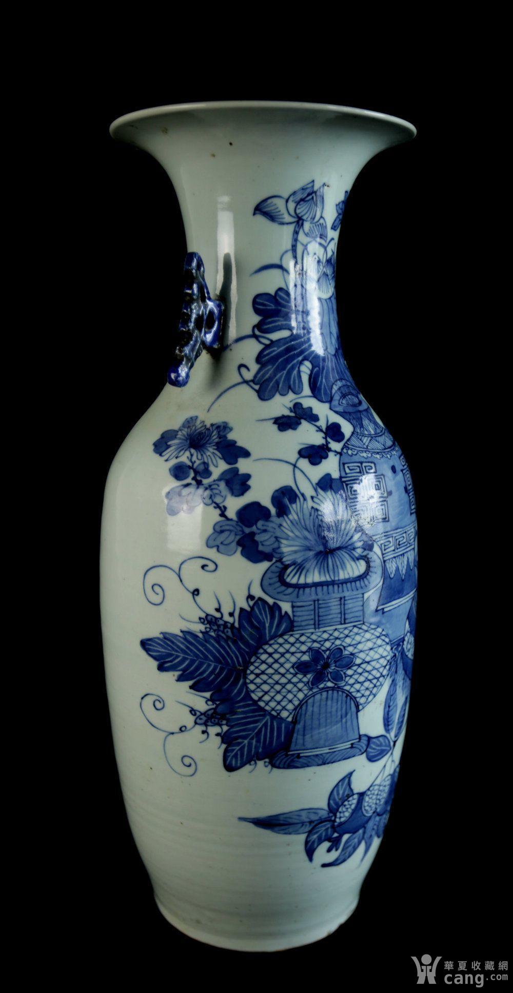 清中期豆釉青花富贵四季纹灵芝双耳嫁妆瓶