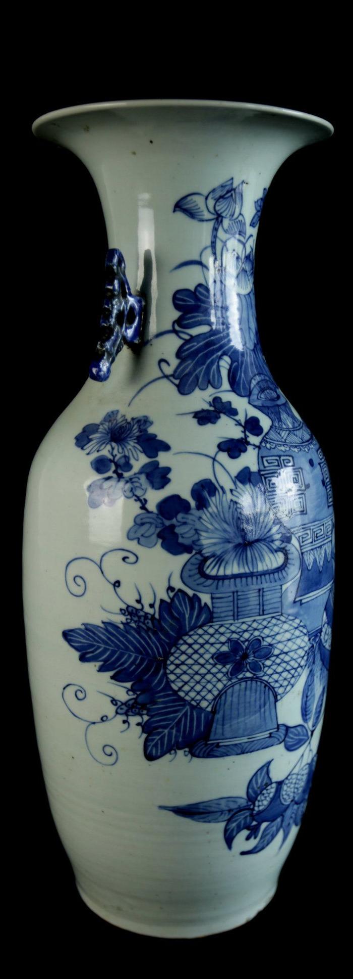 清中期豆釉青花富贵四季纹灵芝双耳嫁妆瓶