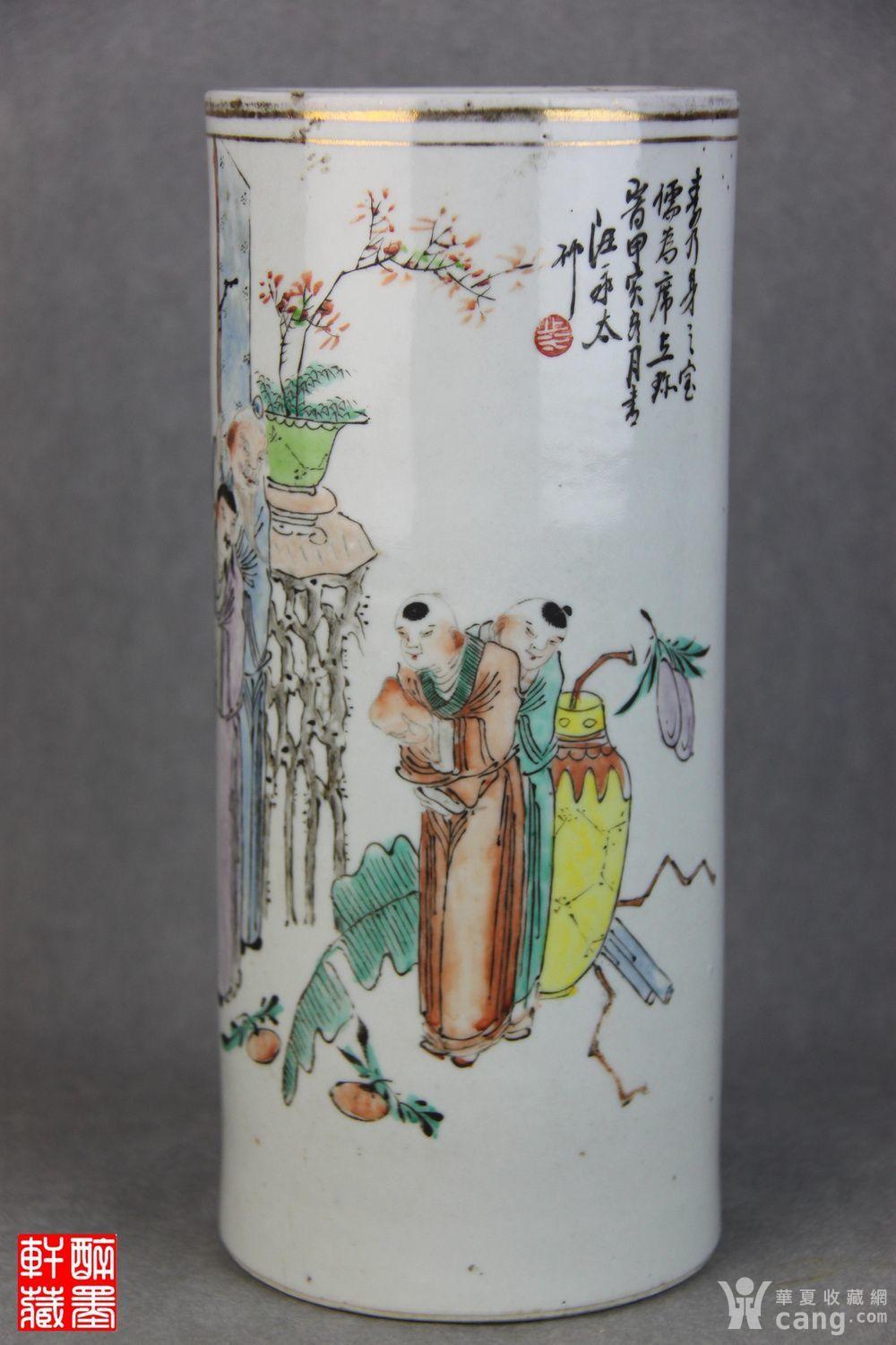 民国名家汪永太浅绛彩人物帽筒