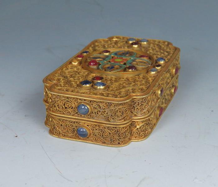 【支持检测·238克】清代 纯金蕾丝嵌宝金盒(款:乾隆年制)