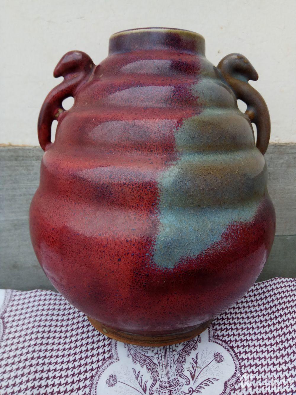 华夏古玩城 瓷器 高古 > 北宋;钧窑玫瑰紫釉弦纹龙耳尊瓶