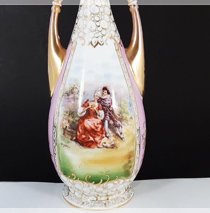 欧洲古董瓷器19世纪德国图林根plaue人物双耳瓶高品位摆件