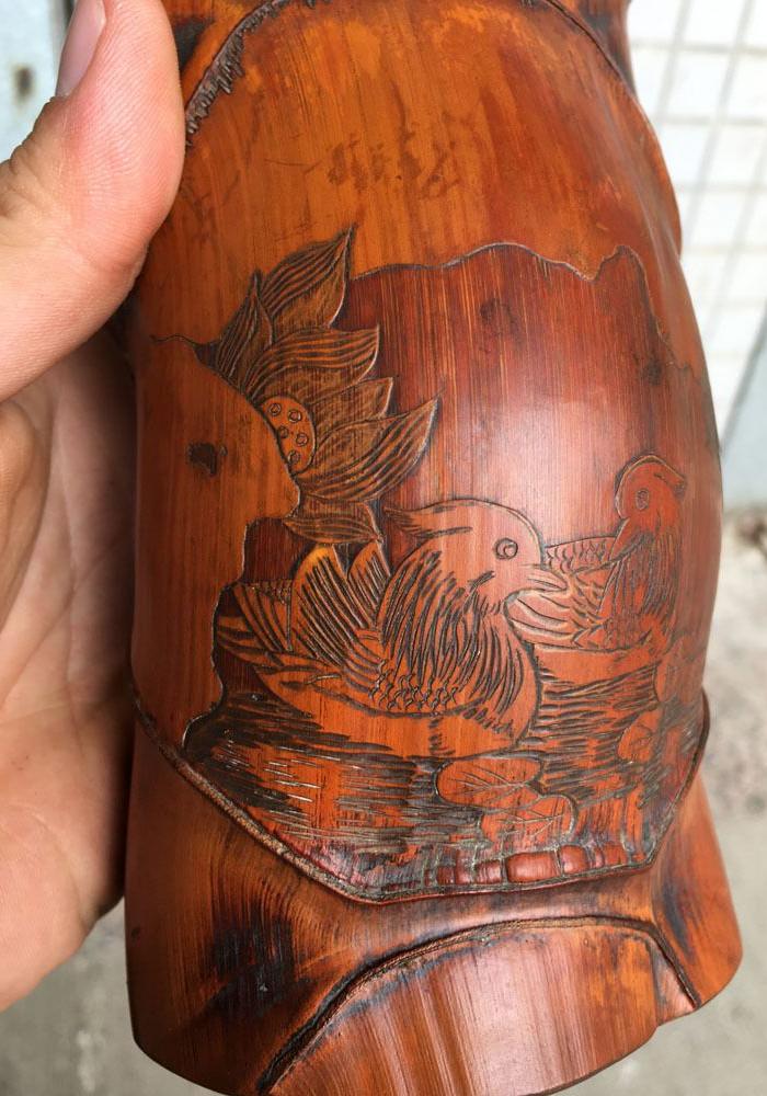 文房四宝清代老竹雕佛肚竹雕刻鸳鸯竹雕笔筒老文房竹雕笔筒