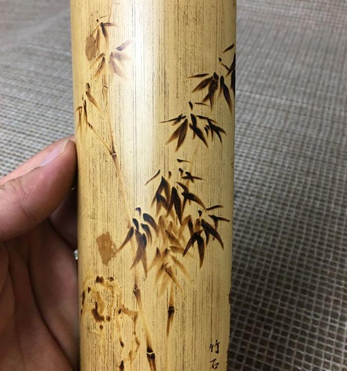 老臂搁老竹子老的湘妃竹斑竹俏色烙画竹石图臂搁传世老货老古董