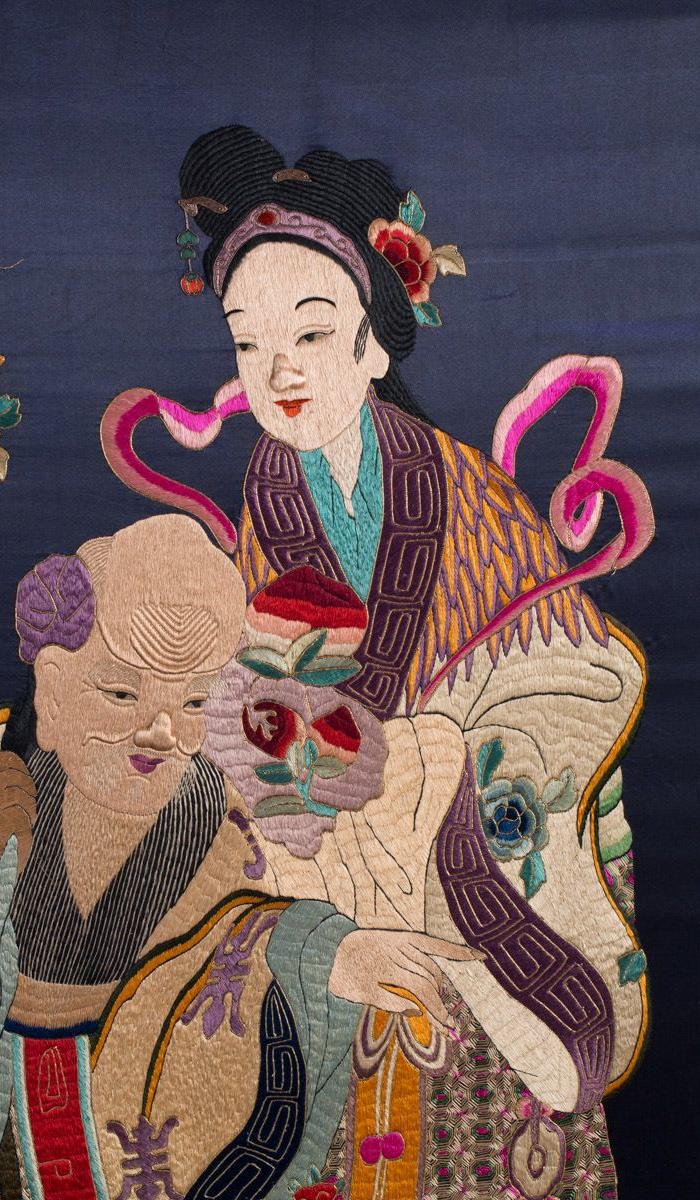 清 蓝地麻姑献寿刺绣大挂屏