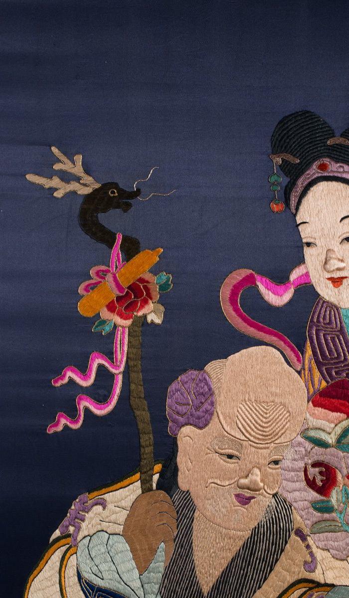 清 蓝地麻姑献寿刺绣大挂屏