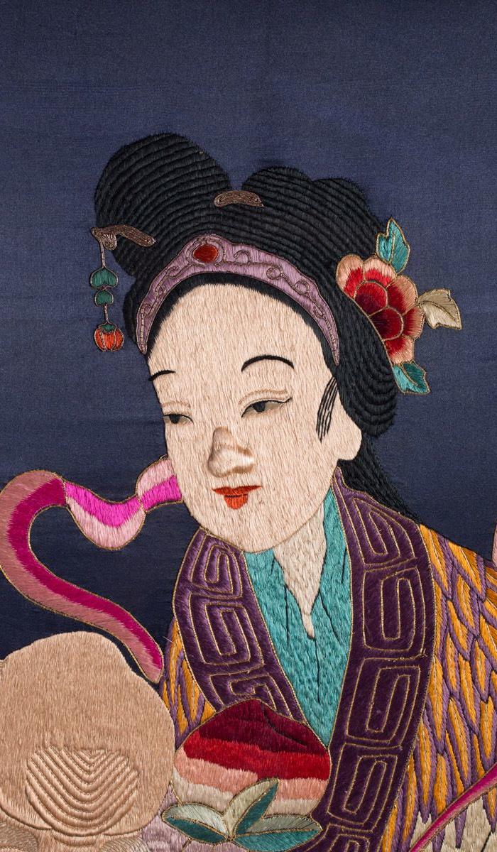 清 蓝地麻姑献寿刺绣大挂屏